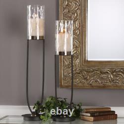 31 in Tall Iron Candle Holder Set 2 Pillar Hurricane Bronze Water Glass Open