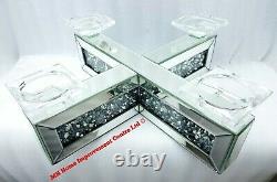 4 Pillar Candle Holder Sparkly Silver Mirrored Diamond Crush Crystal X Shape