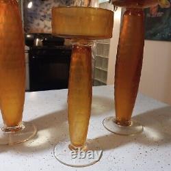 4 VENINI SCARPAMURANO SHAVED MCM AMBER PEDESTAL CANDLE HOLDERS great find