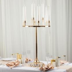 40 in Gold 9 Arm Metal Candelabra Taper CANDLE HOLDER Clear Glass Shades Party