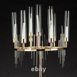 40 in Gold 9 Arm Metal Candelabra Taper CANDLE HOLDER Clear Glass Shades Party