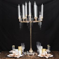 40 in Gold 9 Arm Metal Candelabra Taper CANDLE HOLDER Clear Glass Shades Party