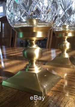 $440 PAIR TWO 2 Waterford LISMORE Crystal & Brass Hurricane Candle Holders EUC