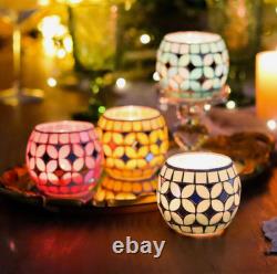 4PCS Mosaic Glass Tealight Candle Holder Set Colorful Handmade Votive Candl