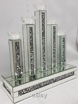 5 Candle Holder Sparkly Tall Silver Mirrored Diamond Crush