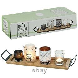 5 Pcs Glass Tealight Candle Holders Set With Long Wooden Display Tray Home Décor