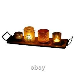 5 Pcs Glass Tealight Candle Holders Set With Long Wooden Display Tray Home Décor