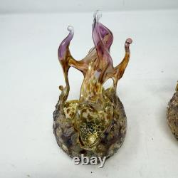 720 Fireball Votive PAIR Of Art Glass Candle Holders, Vibrant & Artist Signed