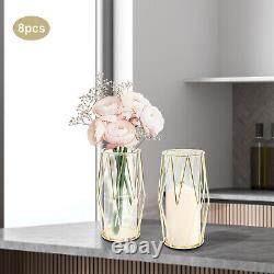 8PCS Glass Gold Pillar Candle Holder with Geometric Metal Rack Stand for Party