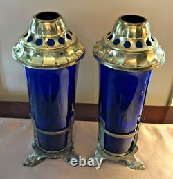 A Gross Candle Co Cobalt Blue Glass & Ornate Brass Stand & Top Altar Candle PAIR