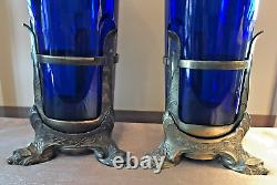 A Gross Candle Co Cobalt Blue Glass & Ornate Brass Stand & Top Altar Candle PAIR