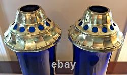 A Gross Candle Co Cobalt Blue Glass & Ornate Brass Stand & Top Altar Candle PAIR