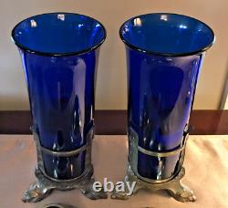 A Gross Candle Co Cobalt Blue Glass & Ornate Brass Stand & Top Altar Candle PAIR