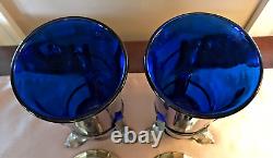 A Gross Candle Co Cobalt Blue Glass & Ornate Brass Stand & Top Altar Candle PAIR