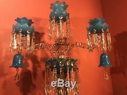 A Pair Of 19 Century Baccarat Crystal Candle Holder/ 3 Arms / Blue Opaline