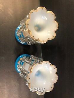 A Pair Of Antique French Opaline Glass Lustres/2 Color/ Probably Baccarat/C. 1900