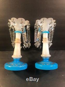 A Pair Of Antique French Opaline Glass Lustres/2 Color/ Probably Baccarat/C. 1900