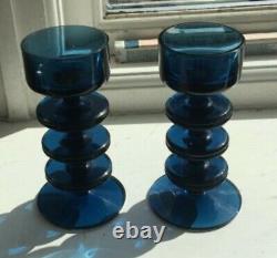 A Pair Of Wedgwood Blue Sheringham Glass Candlesticks By Ronald Stennett-willson