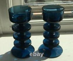 A Pair Of Wedgwood Blue Sheringham Glass Candlesticks By Ronald Stennett-willson