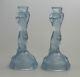 A Pair Art Deco Glass Walther & Sohne Blue Mermaid Nymphen Candlesticks C. 1930's