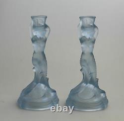A pair Art Deco Glass Walther & Sohne blue Mermaid Nymphen Candlesticks C. 1930's