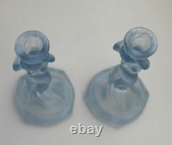 A pair Art Deco Glass Walther & Sohne blue Mermaid Nymphen Candlesticks C. 1930's