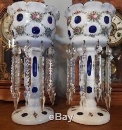 ANTIQUE BOHEMIAN GLASS MANTLE LUSTERS 12 3/8 inches tall COBALT BLUE, RARE