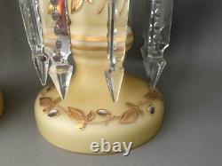 ANTIQUE BOHEMIAN GOLD CASED GLASS MANTLE LUSTER CANDLE HOLDER PAIR w CRYSTALS