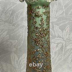 ANTIQUE Cased Green Uranium & Satin ART GLASS Gold Encrusted Candle Holder LOOK