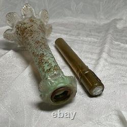 ANTIQUE Cased Green Uranium & Satin ART GLASS Gold Encrusted Candle Holder LOOK