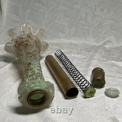 ANTIQUE Cased Green Uranium & Satin ART GLASS Gold Encrusted Candle Holder LOOK