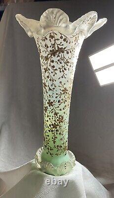 ANTIQUE Cased Green Uranium & Satin ART GLASS Gold Encrusted Candle Holder LOOK