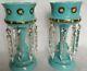 Antique French Blue Opaline Enamel Decorated Mantle Lustres Withprisms