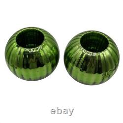 ANTIQUE Green Mercury Glass Ribbed Votive Candle Holders Set of 2 Emerald Round