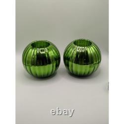 ANTIQUE Green Mercury Glass Ribbed Votive Candle Holders Set of 2 Emerald Round