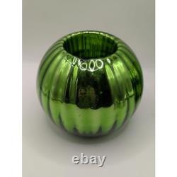 ANTIQUE Green Mercury Glass Ribbed Votive Candle Holders Set of 2 Emerald Round