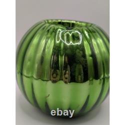 ANTIQUE Green Mercury Glass Ribbed Votive Candle Holders Set of 2 Emerald Round