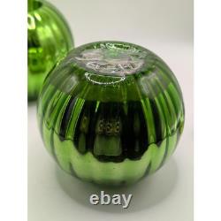 ANTIQUE Green Mercury Glass Ribbed Votive Candle Holders Set of 2 Emerald Round