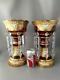 Antique Vtg Czech Bohemian Gold Cranberry Red Glass Mantel Luster Pair W Crystal