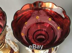 ANTIQUE VTG CZECH BOHEMIAN GOLD CRANBERRY RED GLASS MANTEL LUSTER PAIR w CRYSTAL