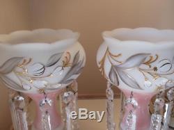 ANTIQUE VTG CZECH GOLD GILT FLOWERS GLASS CANDLE HOLDER LUSTRES PAIR w CRYSTALS