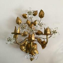 ANTIQUE VTG ITALIAN GOLD TOLE PETITE SCONCE CANDLE HOLDER w CRYSTAL GLASS FLOWER