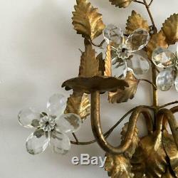 ANTIQUE VTG ITALIAN GOLD TOLE PETITE SCONCE CANDLE HOLDER w CRYSTAL GLASS FLOWER