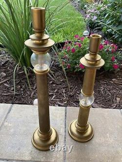 ART DECO Style CHAPMAN Candlestick Holders (2) Brass & Crackle Glass-HEAVY