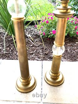 ART DECO Style CHAPMAN Candlestick Holders (2) Brass & Crackle Glass-HEAVY