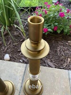 ART DECO Style CHAPMAN Candlestick Holders (2) Brass & Crackle Glass-HEAVY