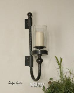 Aged Black Metal Tuscan Twist Candle Holder Wall Sconce Large 27 Farmhouse Chic