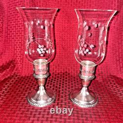 Alvin Sterling Candle Holders With Etched Glass Globes Set Of 2