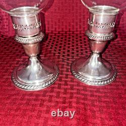 Alvin Sterling Candle Holders With Etched Glass Globes Set Of 2