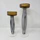Amber Art Glass Pedestal Pillar Candle Holders Mcm Vintage Set Of 2